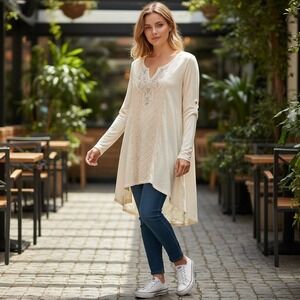 Women's Medium Ivory Cotton Crochet Lace Romantic Boho Tunic Romantic ChicTop